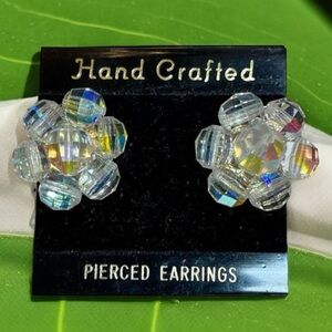 Hand crafted crystal glass beaded earrings AB pierced vintage on card